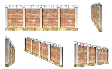 Set of fence of red brickwall with barbed wire in different views, 3d illustration
