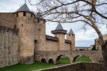 Fototapeta na wymiar A tree by the bridge and entrance of the citadel of the Cité de Carcassonne, the fortified castle city of Carcassonne, department of Aude, Occitanie region, France. UNESCO World heritage site.