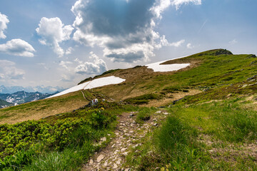 Beautiful mountain hike near Damuels along the Hochblanken ridge in Austria