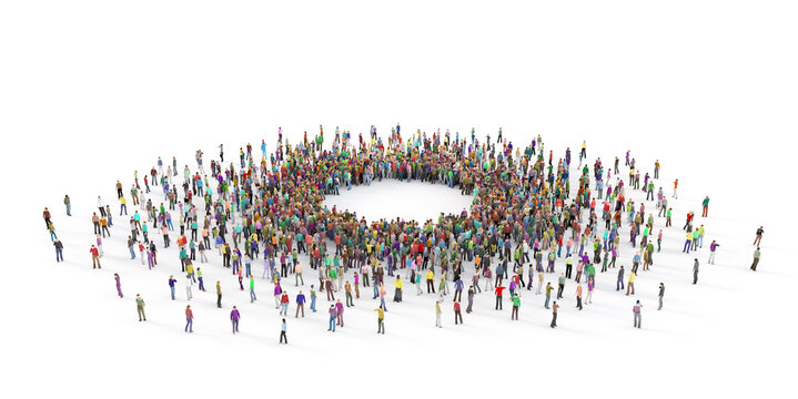 Crowd Of People Around Of Empty Circle On A White Background. 3d Illustration