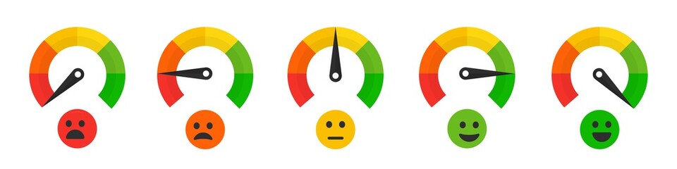 Speedometer rating satisfaction with emotions. Colour tachometer indicator scale performance measurement. Stock vector elements.