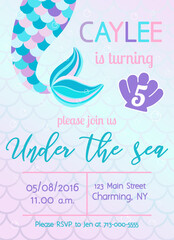 Naklejka premium Mermaid birthday invitation. Under the sea theme party. Vector illustration