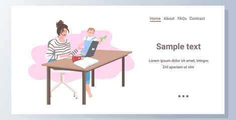 woman in headset using laptop spending time with son during coronavirus pandemic quarantine freelance concept