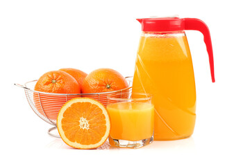 Glass cup fresh Tangerines and juice bottle isolated on white
