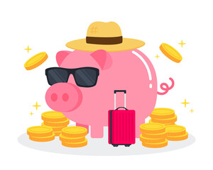 Piggy bank wears sunglasses and a hat with travel bag and piles or stacks of golden coins or money. Creative financial concept of savings plan for traveling. Cute cartoon vector flat illustration.