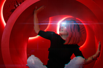 Cyber girl. Beautiful young woman, futuristic style. Image with glitch effect.