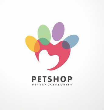 Paw heart logo. Pet shop colorful logo idea with paw shape and heart in negative space. Cute animals and pets creative symbol idea. Pet store promo sign or icon.