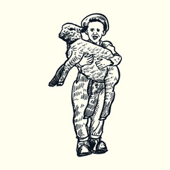 Vintage hand drawn young boy pick a sheep