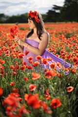 Fototapeta na wymiar Girl in a lilac dress in a poppy field