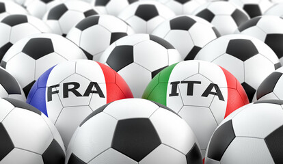 Italy vs. France Soccer Match - Leather balls in France and Italy national colors. 3D Rendering 