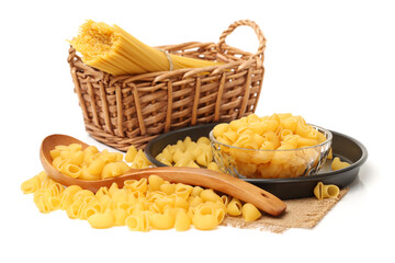 Italian pasta (Gomiti Rigati) on white background