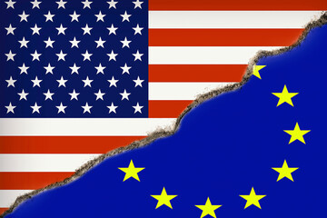 concept crack between USA and EU flags, politics news illustration , diplomatic confrontation...