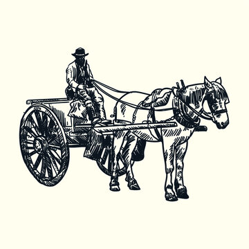 Vintage Hand Drawn Old Wagon Horse