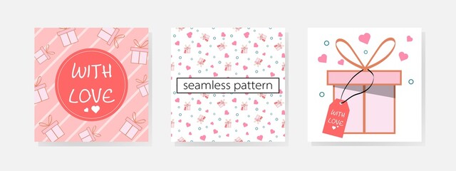 Valentine's day templates. Seamless pattern with gift boxes in pink colours.