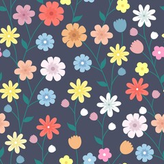 Seamless vector pattern with colorful flowers on a dark blue background