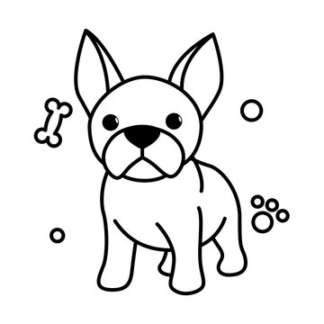 Black line vector illustration cartoon on a white background of a cute French Bulldog..