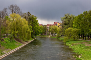 Fototapeta na wymiar View from Liberty Bridge on a rainy spring afternoon on the border between Poland and the Czech Republic
