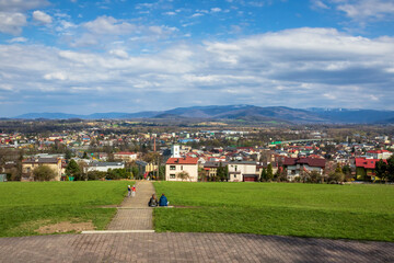 Fototapeta na wymiar Panorama of Skoczów with a view to the surrounding mountains of Beskid Śląski