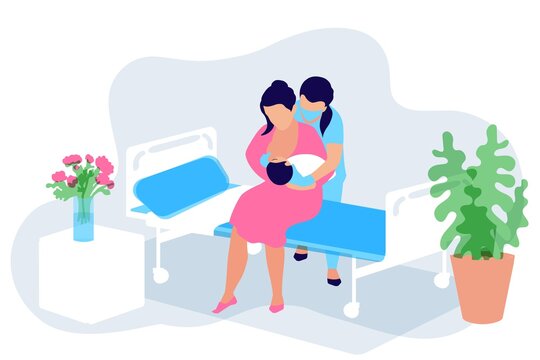 Breastfeeding in the postpartum period in the labor ward. The doula midwife helps to attach the baby to the breast. Mom is sitting on the medical bed. Hospital ward. Breastfeeding support week August