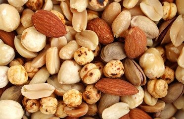 mixed nuts and dried fruits, top view, almond, hazelnut,pistachio dry seeds