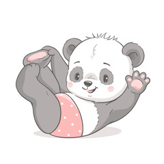 Cute baby panda swinging and waving its paw, vector illustration.