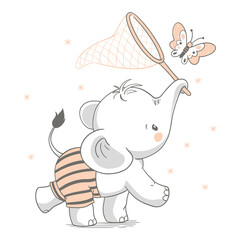 Cute baby elephant catching a butterfly with net, vector illustration.