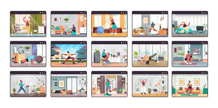 set people in web browser windows working out online training healthy lifestyle home sport concept