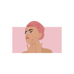 Side view of face young beautiful woman wrapped her hair in a pink cloth was frowning and squeezing a pimple. Vector isolate flat design concept for  Beauty, skincare, makeup or cleaning banner card.