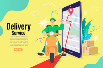 Ecommerce concept. Online shopping. Online delivery service concept. Fast delivery by scooter via mobile phone. Man riding scooter. Vector illustration.