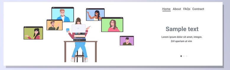 businesswoman chatting with mix race colleagues in web browser windows during video call online conference