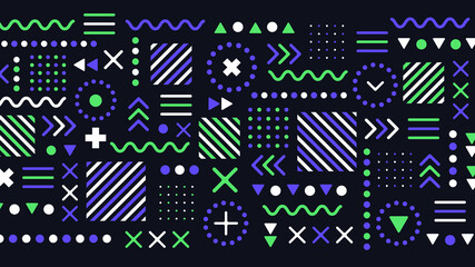 Abstract Geometric Background. Colorful Figures, Dots, Lines, Circles on Dark Background. Vector illustration