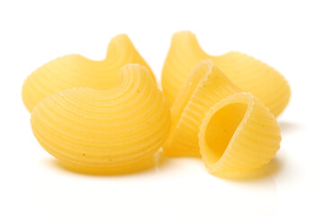 Italian pasta (Gomiti Rigati) on white background 