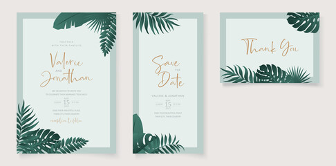 Fototapeta na wymiar Summer wedding card design with tropical leaf theme