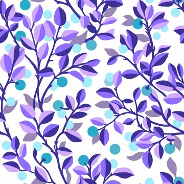 Delicate botanical seamless repeated pattern with lilac-purple twigs and blue berries on a white background. Stock illustration, image, artwork; design