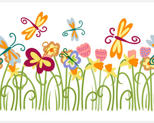 Boho flower with butterfly seamless border isolated on white. Cartoon vector stock illustration. EPS 10