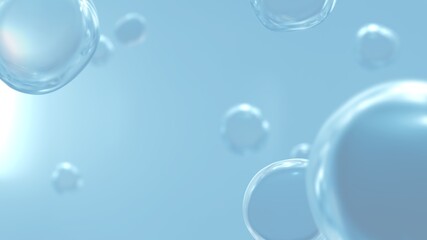 Pure vitality cosmetic refreshing hygiene hydrogen renewable energy studio shot. Transparent carbonated blue gas bubbles underwater in full-frame macro close up with selective focus banner background.