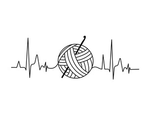 Simple minimalist knitting, crochet design with heartbeat. Vector image illustration. Knit logo concept, crochet yarn emblem. Hand made knit shop sign. - obrazy, fototapety, plakaty