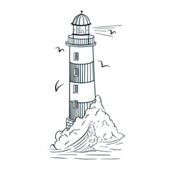 Line Art Lighthouse Engraving Style Vector Illustration. Hand drawn vintage beacon on island with waves and seagulls for logo, tattoo, emblem, template, print, sticker, poster, t-shirt, textile