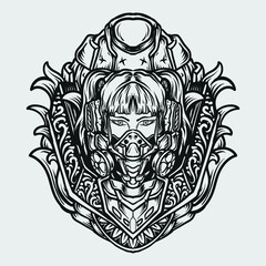 tattoo and t shirt design black and white hand drawn women gask mask cyberpunk engraving ornament