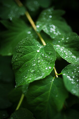 Beautiful green leaves with drops of water, close up. Selective focus. After rain.