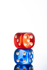 Blue and red dice on white