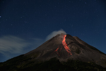 Mount Merapi erupts with high intensity at night during a full moon, the slide of material...