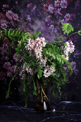Flowering of pink acacia with green leaves in the glass vase. Bouquet of pink acacia in a glass vase on a dark purple flower background