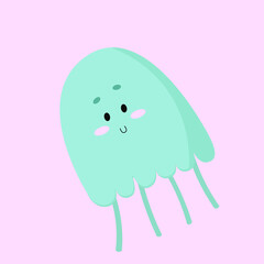 A blue jellyfish with a smile in a childish style. Vector flat illustration. 