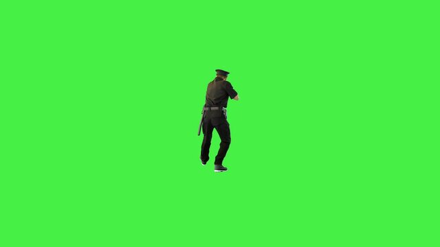 White policeman walks, getting the gun out, giving an order on a Green Screen, Chroma Key.