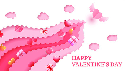 14 February Happy Valentine's Day Greeting Hearts Gifts Clouds Background. Romantic Love Vector Design Banner Party Invitation Template