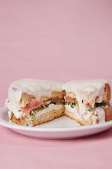 pancakes with fish, lettuce leaves and vegetables, a hot dish for lunch, pastries with sour cream