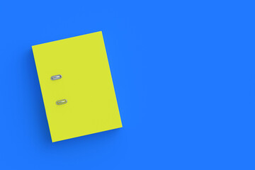 One binder file folder of yellow color on blue background. Top view. Copy space. 3d render