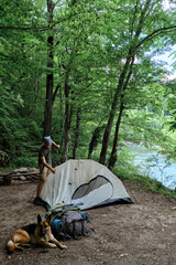 Caucasian male traveler with beard sets up tent for rest in clearing in forest. Put tourist tent in...
