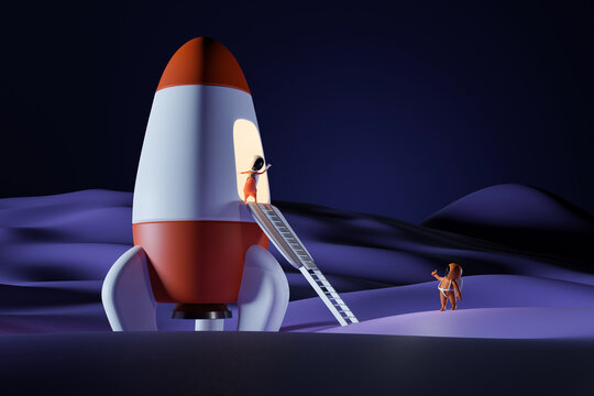 Spaceman captain and little spaceboy in moon. cartoon planet exploration and science.  3D rendering.
